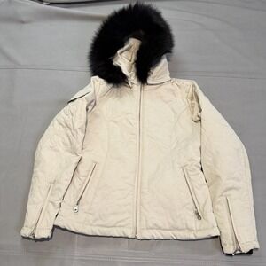 NILS Women Ski Jacket Cream Ivory Quilt Hooded Faux Fur Y2K Snow Trim-2-XXXX